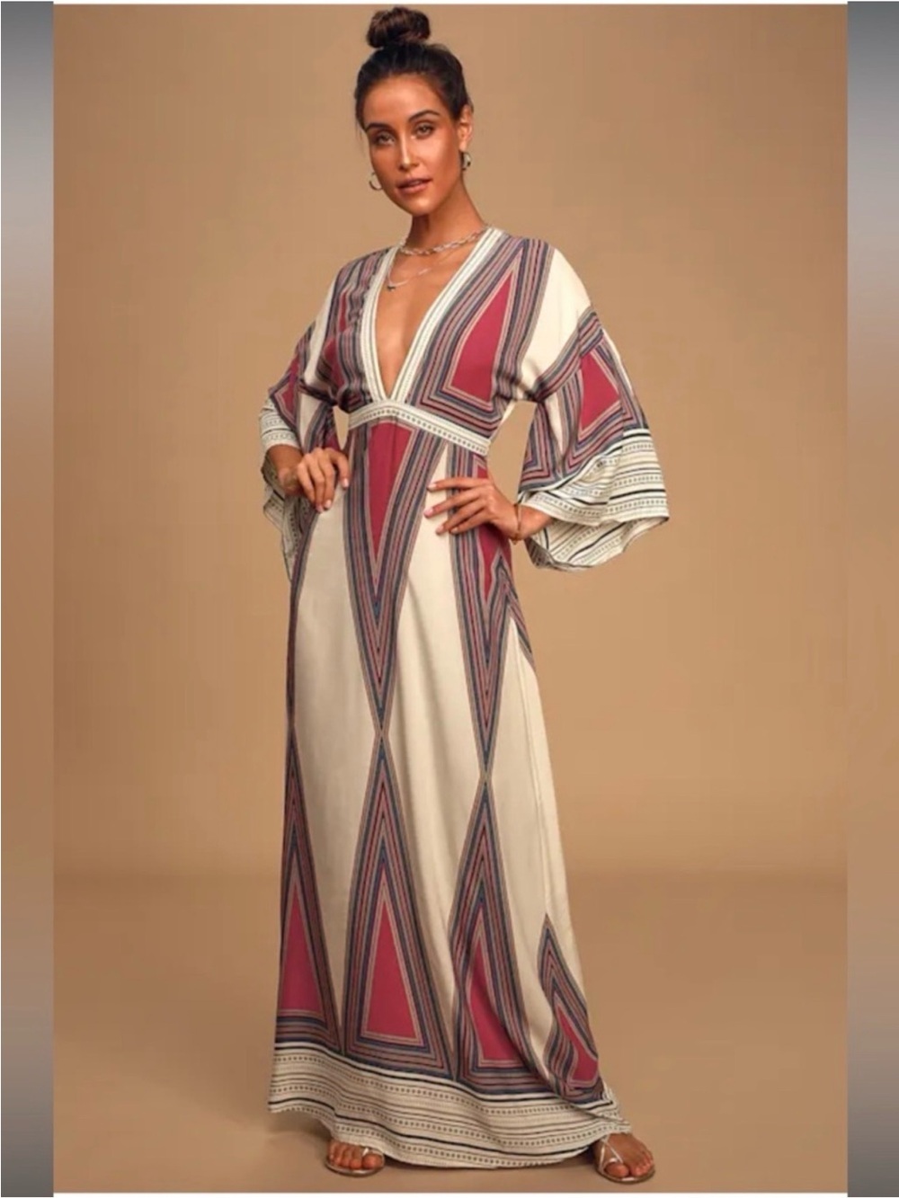 Lulu's Cream Maxi Dress with Berry & Navy Stripe Sz xs